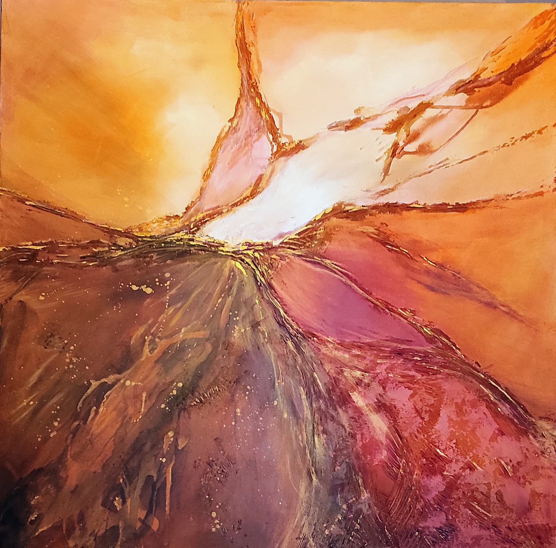 abstract schilderij kern energie diepte gelaagdheid mixed media kunstwerk